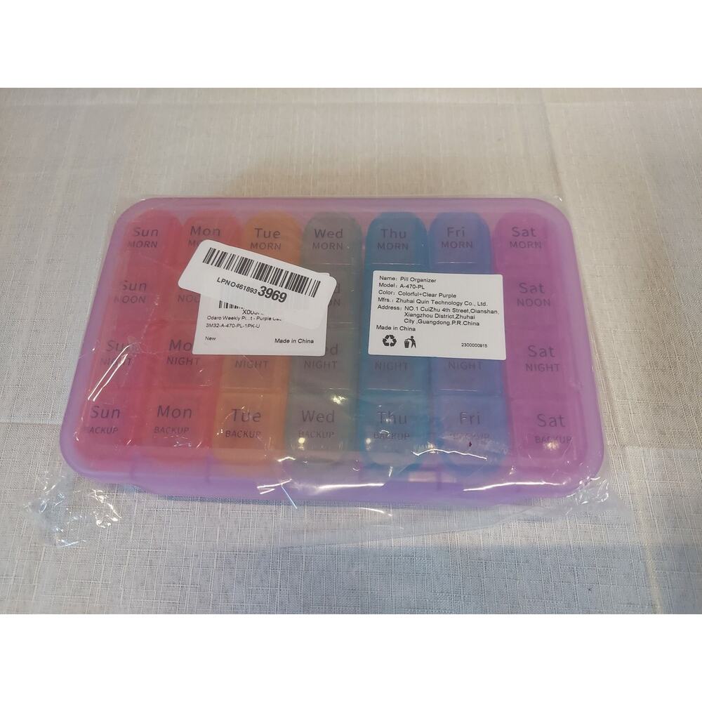Pill Organizer Weekly 7 Day 4 Times Daily Medicine Vitamin Box Multicolor Purple